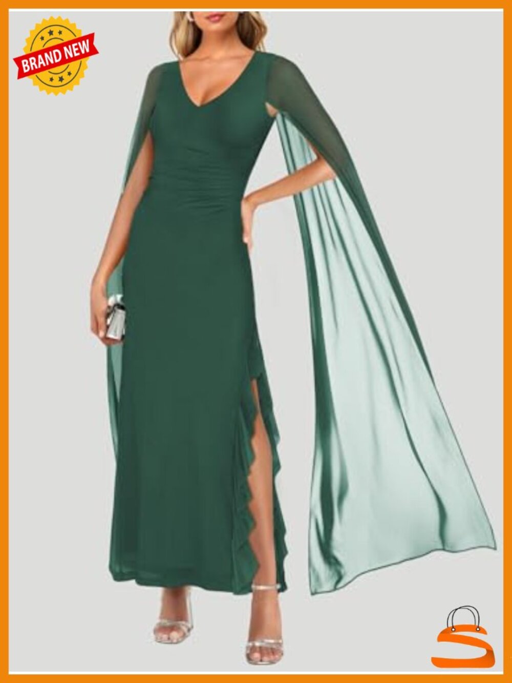 V Neck High Split Maxi Dress with Cape Sleeve Formal Evening Gown - Picture 2 of 6
